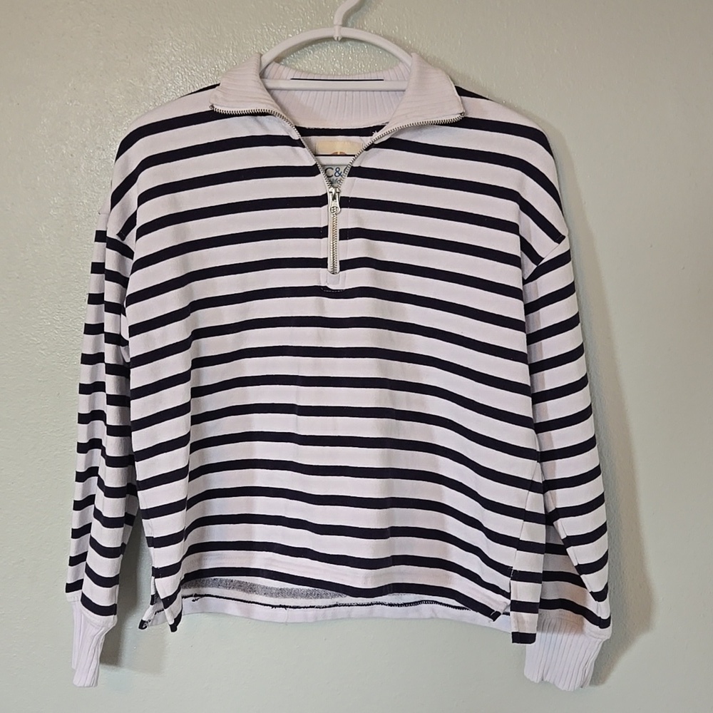 C & C California | White And Navy Striped 1/4 Zip Cropped Sweatshirt Size Medium